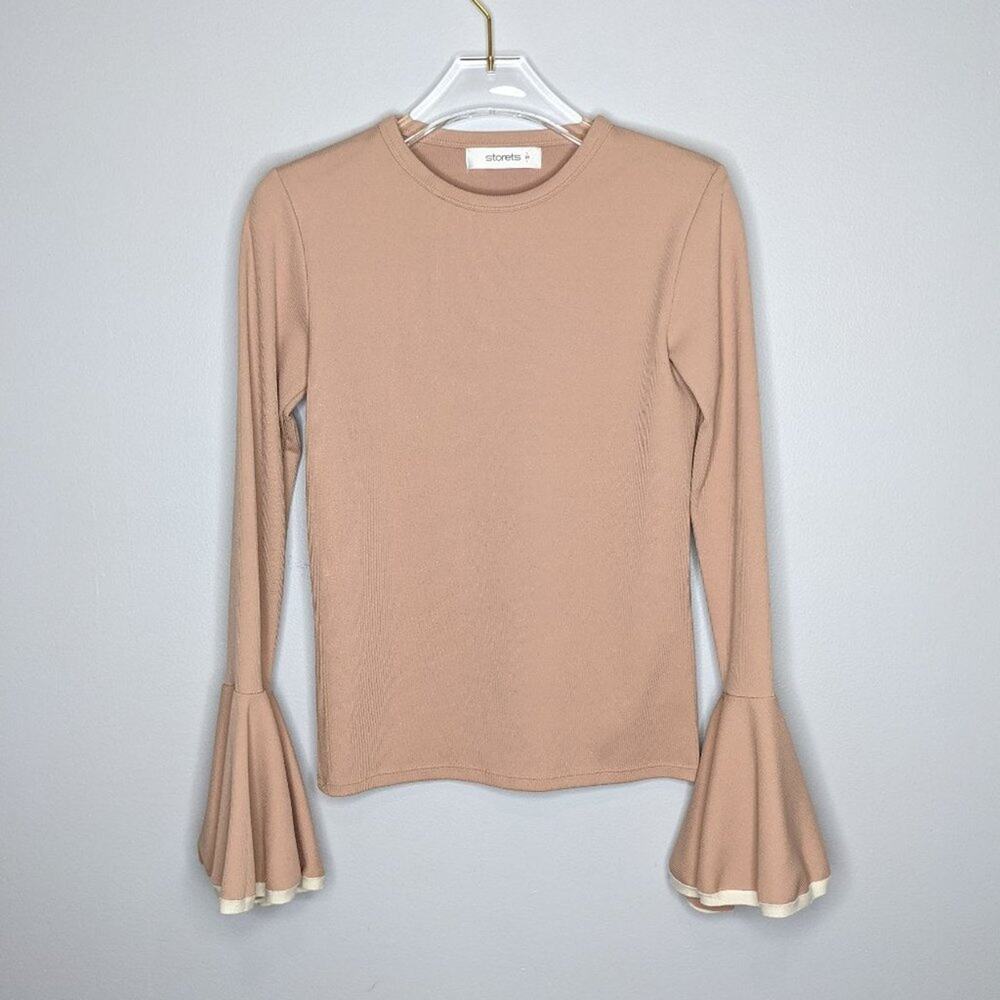 Storets Dark Taupe Bell Sleeve Cuff Mod Ribbed Long Sleeve Shirt Top Size S